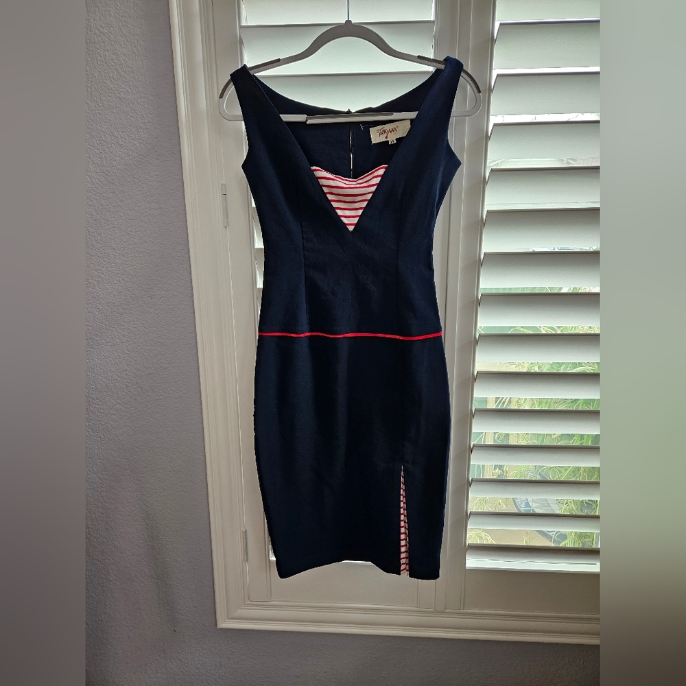 Tatyana Navy Midi Dress with Red Stripe and Red-White Stripe Detail